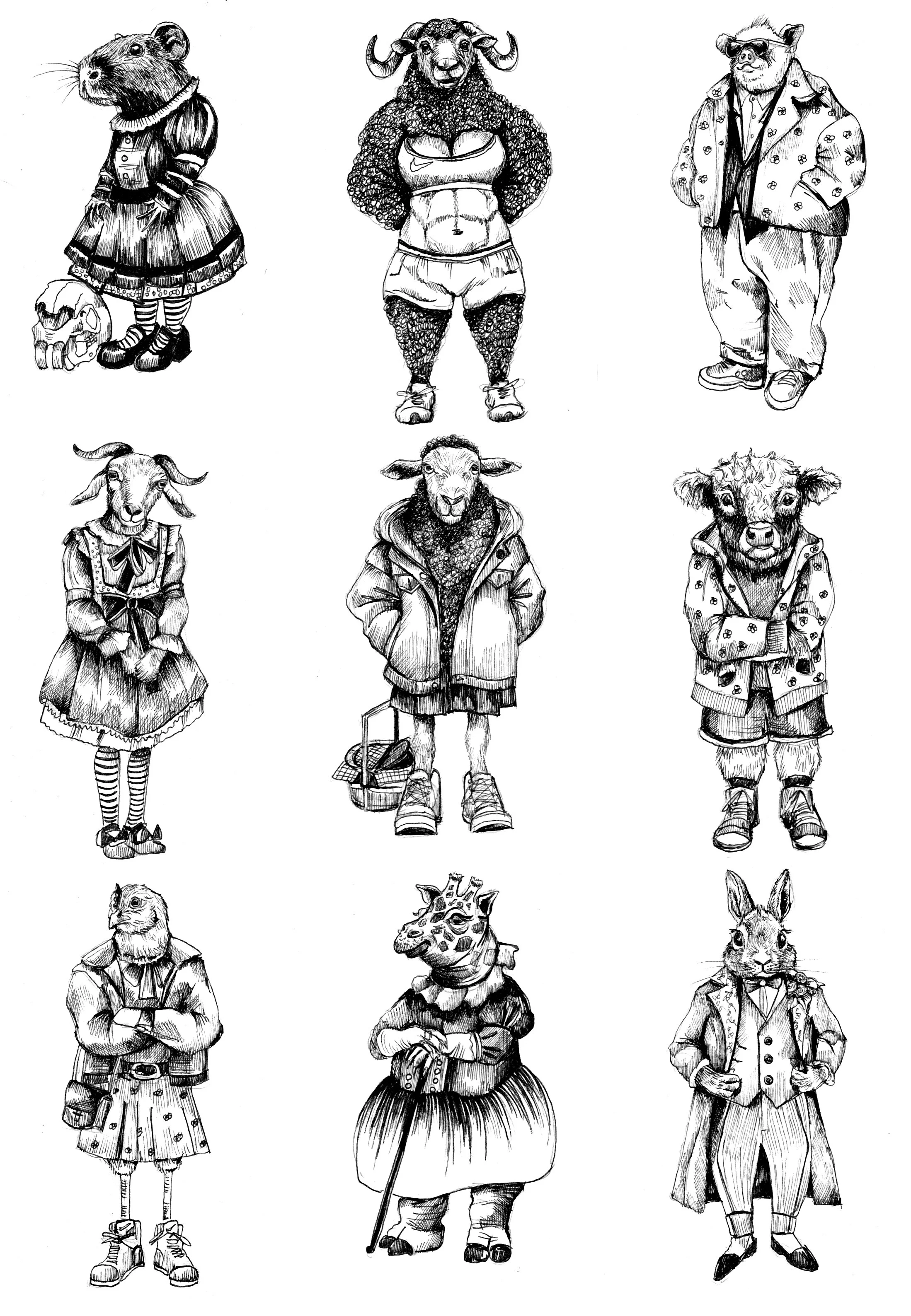 Collection of nine anthropomorphic animals dressed in human clothing, including a mouse, a ram, a pig, a goat, a bison, a cow, a cat, a giraffe, and a rabbit, each in different stylish outfits.