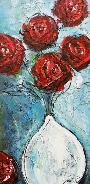 Red Roses and White Vase