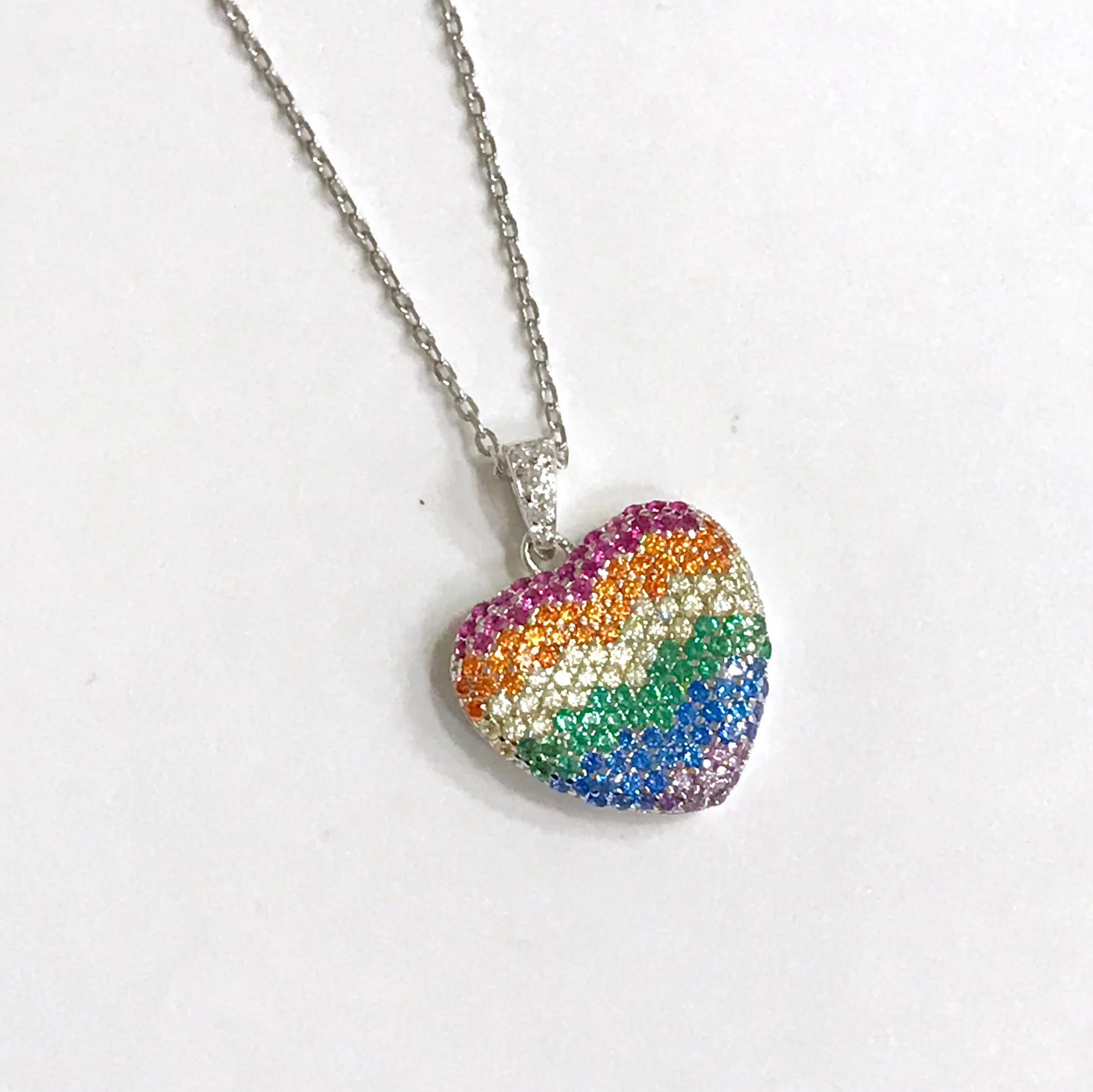 Sterling Silver Multi-Gemstones Rainbow Heart Necklace