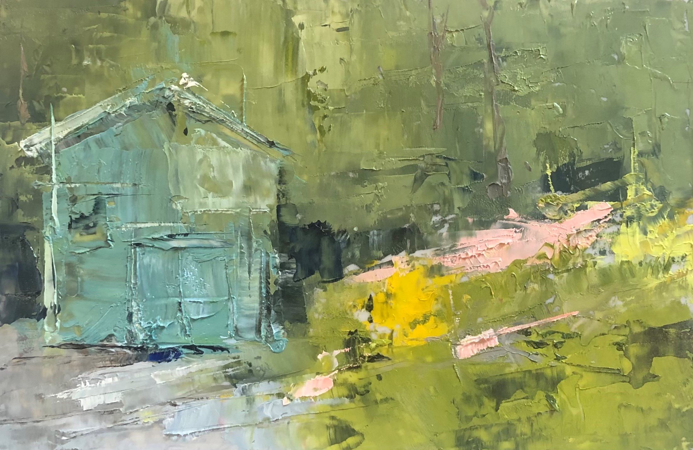 Garden Shed oil and CWM on Yupo paper 3x5 framed 8x10.jpg