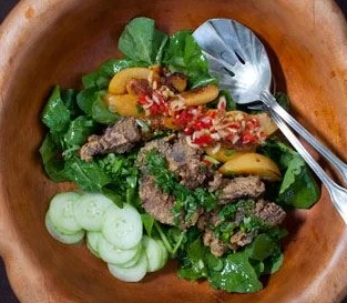  Fried Chicken Livers with Poached Peaches on Arugula 