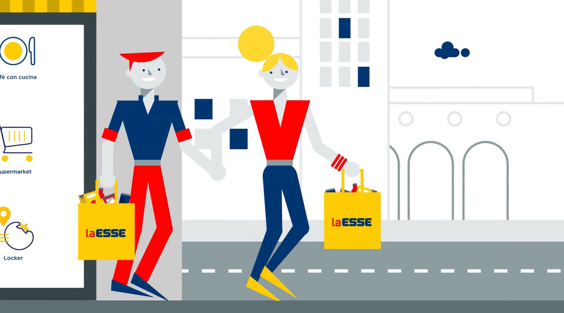 Due persone che camminano fuori da un negozio con borse gialle che recano il logo 'la ESSSE'.