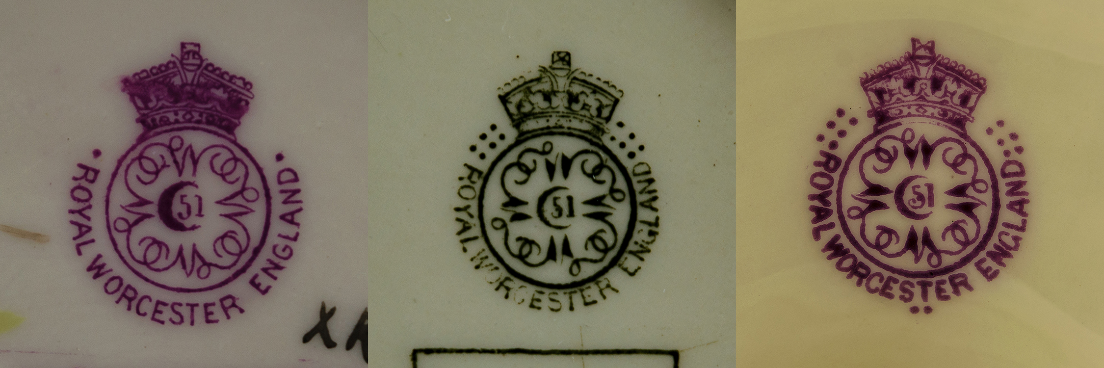 Royal Worcester date marks circa 1900, one with two dots for 1893, one with 12 dotes for 1903 and one with 14 dots for 1905