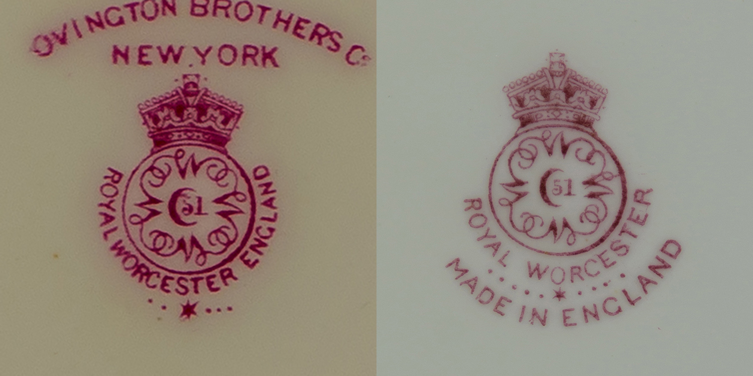 Royal Worcester marks circa 1920, one with * and 5 dots for 1921, one with * and 9 dots for 1925