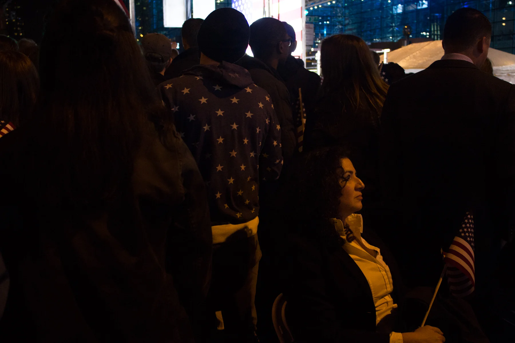 The crowd outside the Javits Center react as polls show Clinton floundering in key battleground states.