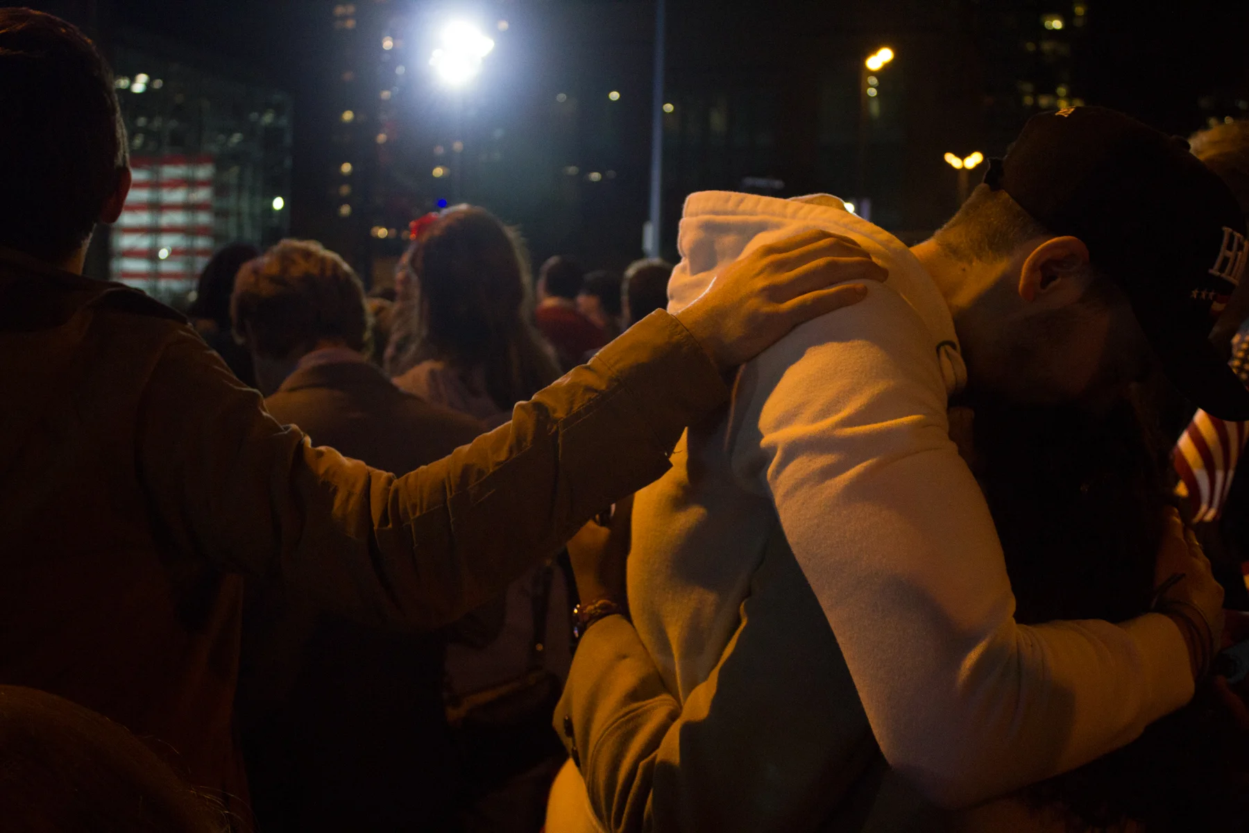 The crowd reacts in the early morning of Nov. 9, 2016 as it becomes clear Clinton is unlikely to win enough electoral votes to become president.