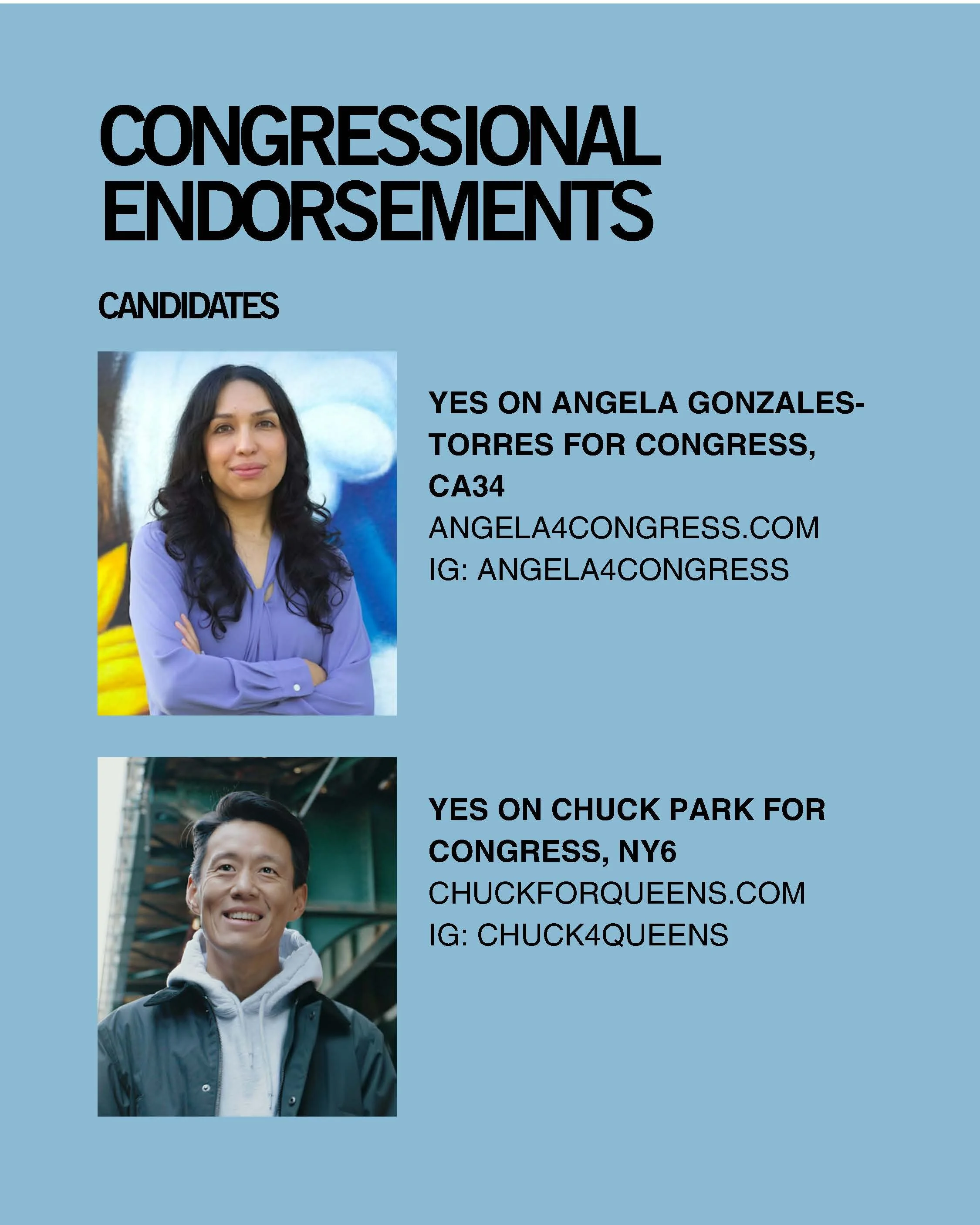    Angela Gonzales-Torres    for CA District 34 @angela4congress      Chuck Park    for NY District 6 @chuckforqueens  