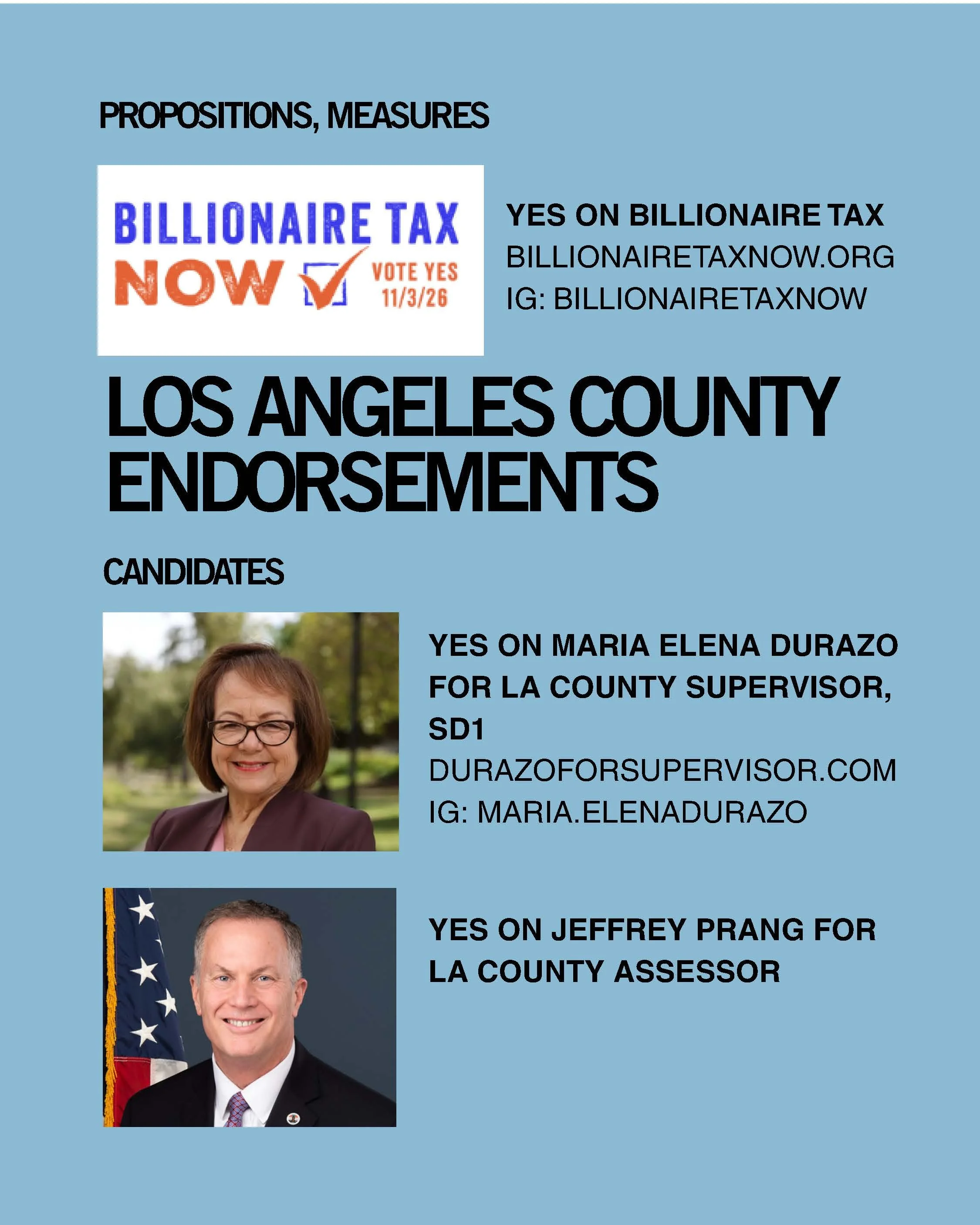    Maria Elena Durazo   for LA County Supervisor District 1 @maria.elenadurazo    Jeffrey Prang   for LA County Assessor @lacassessor 