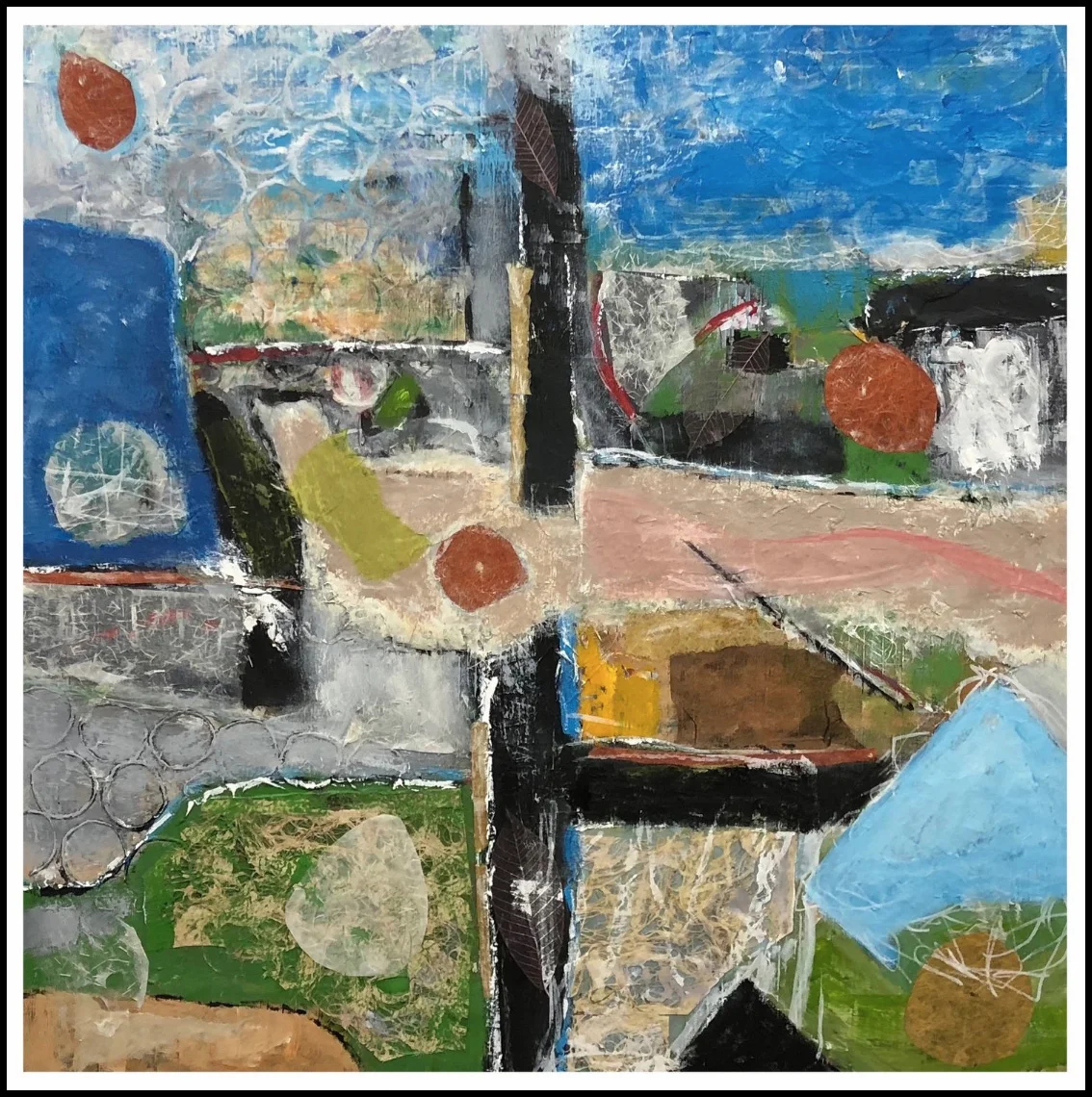 MY FAULT LINE 36”x 36” acrylic, collage on canvas, framed