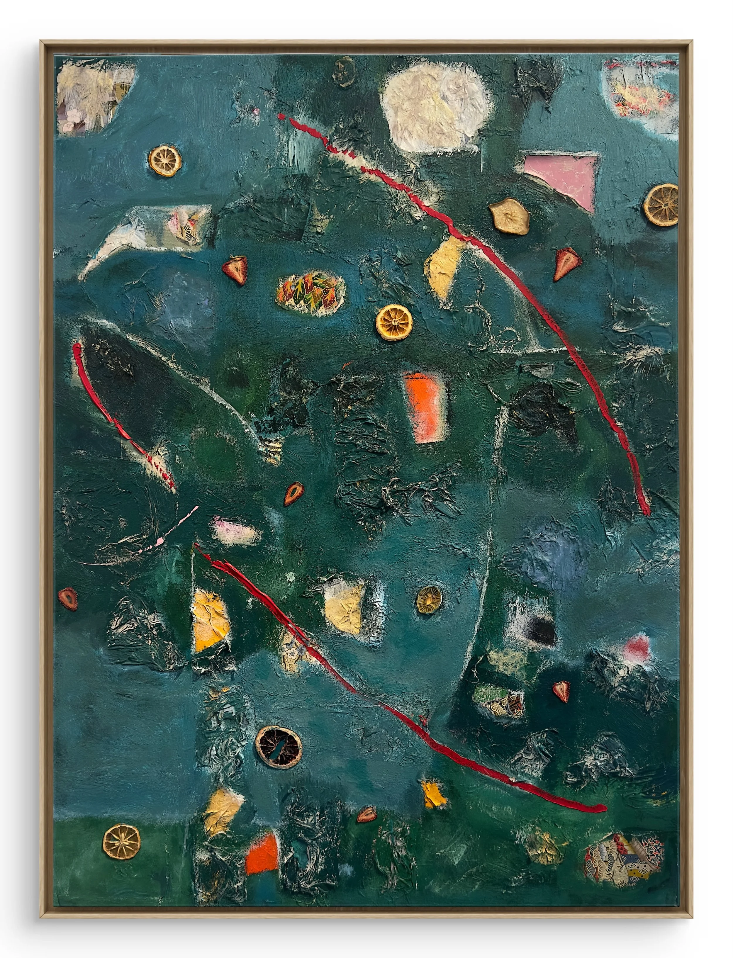  CARBON FRUITPRINT 36” x 48” Acrylic, citrus, strawberry, pear, mulberry, hemp and papyrus papers  