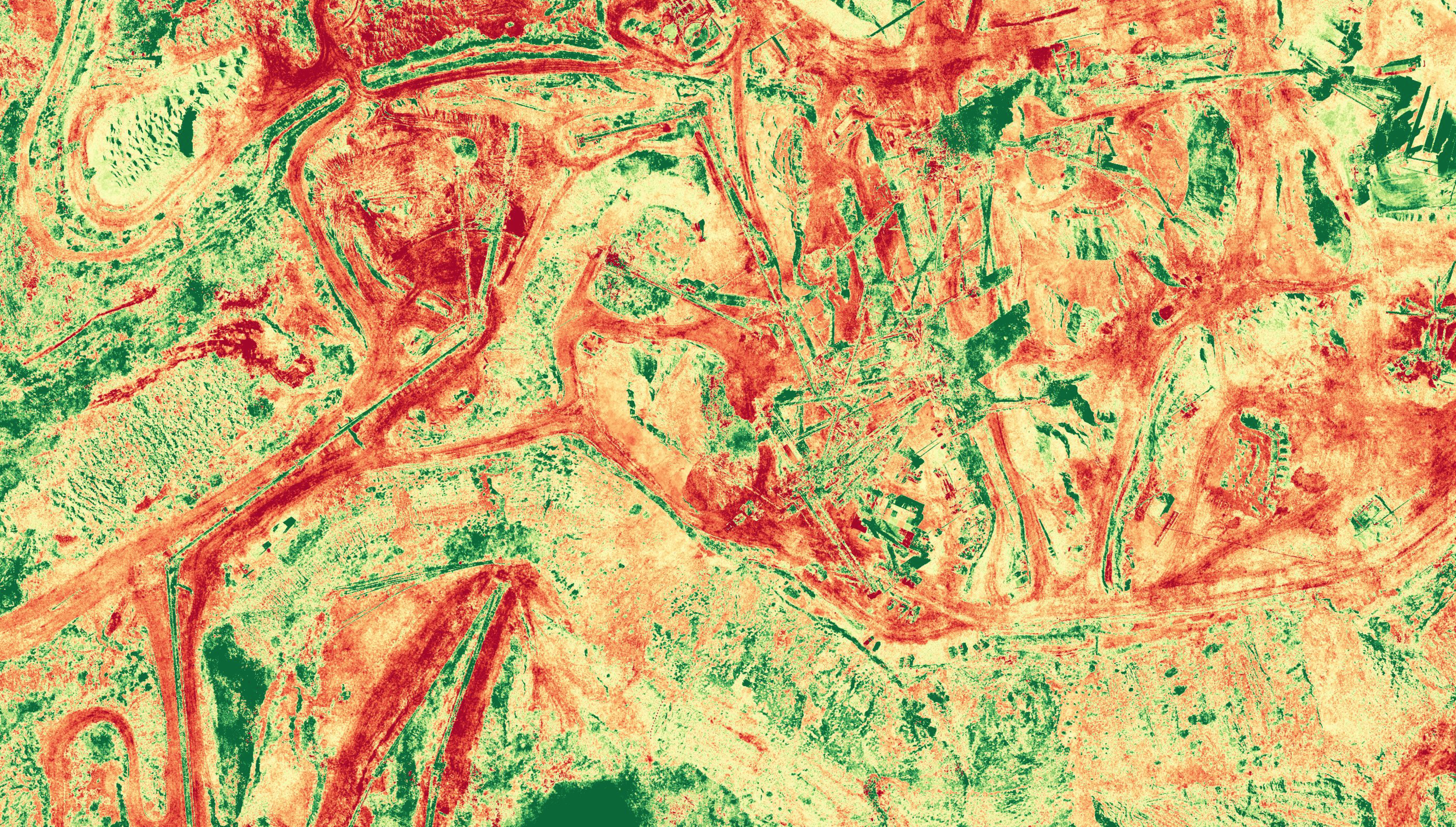 NDVI (normalized difference vegetation index) is calculated from the visible and near-infrared light reflected by vegetation. Healthy vegetation absorbs most of the visible light that hits it, and reflects a large portion of the near-infrared light. Unhealthy or sparse vegetation reflects more visible light and less near-infrared light
