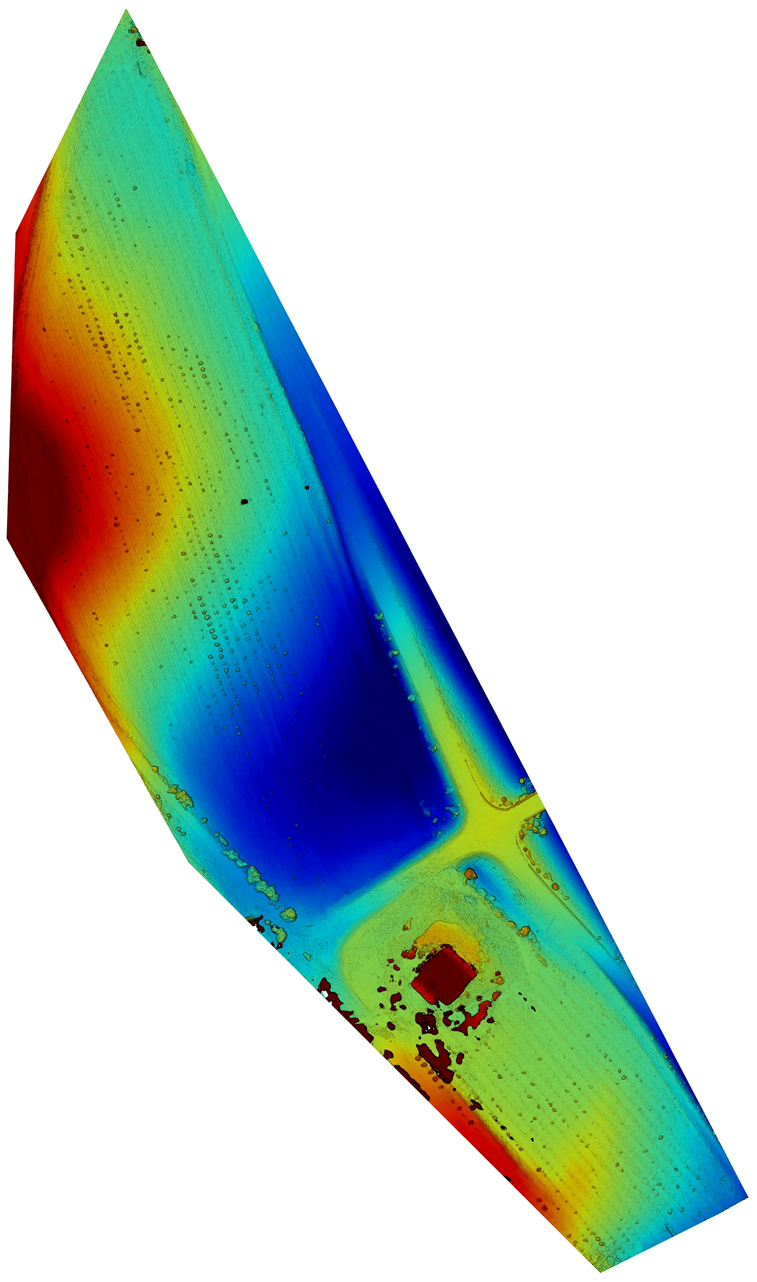 Elevation map shows relative elevation differences with red color for higher and blue for lower elevations). Can be used for irrigation planning. 