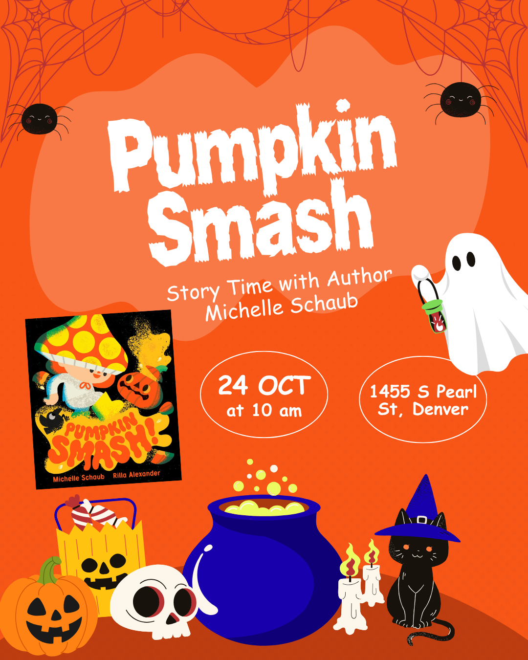 Cover of Pumpkin Smash by Michelle Schaub showing a child in a mushroom halloween costume stomping on a pumpkin