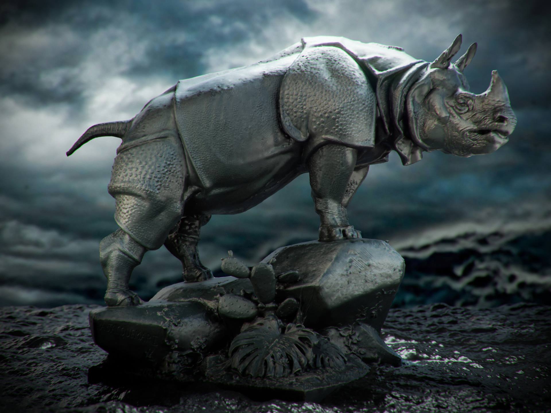 Rhinoceros photo scan by HoangHiepVu. Taken grossly out of context by me - this statue actually lives in Paris outside the Orsay Museum.