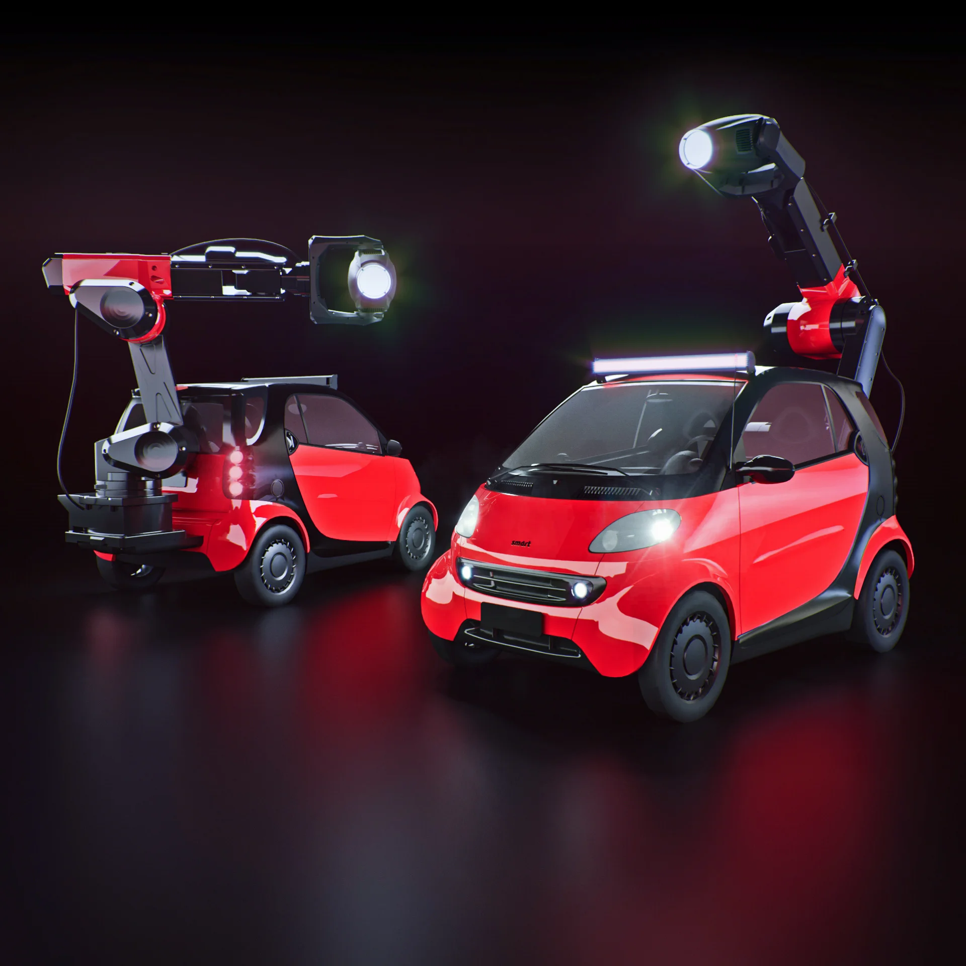 Smart Car model via Turbo Squid. Robot Arm provided by Robert Grabowyr. All modified and textured by me.