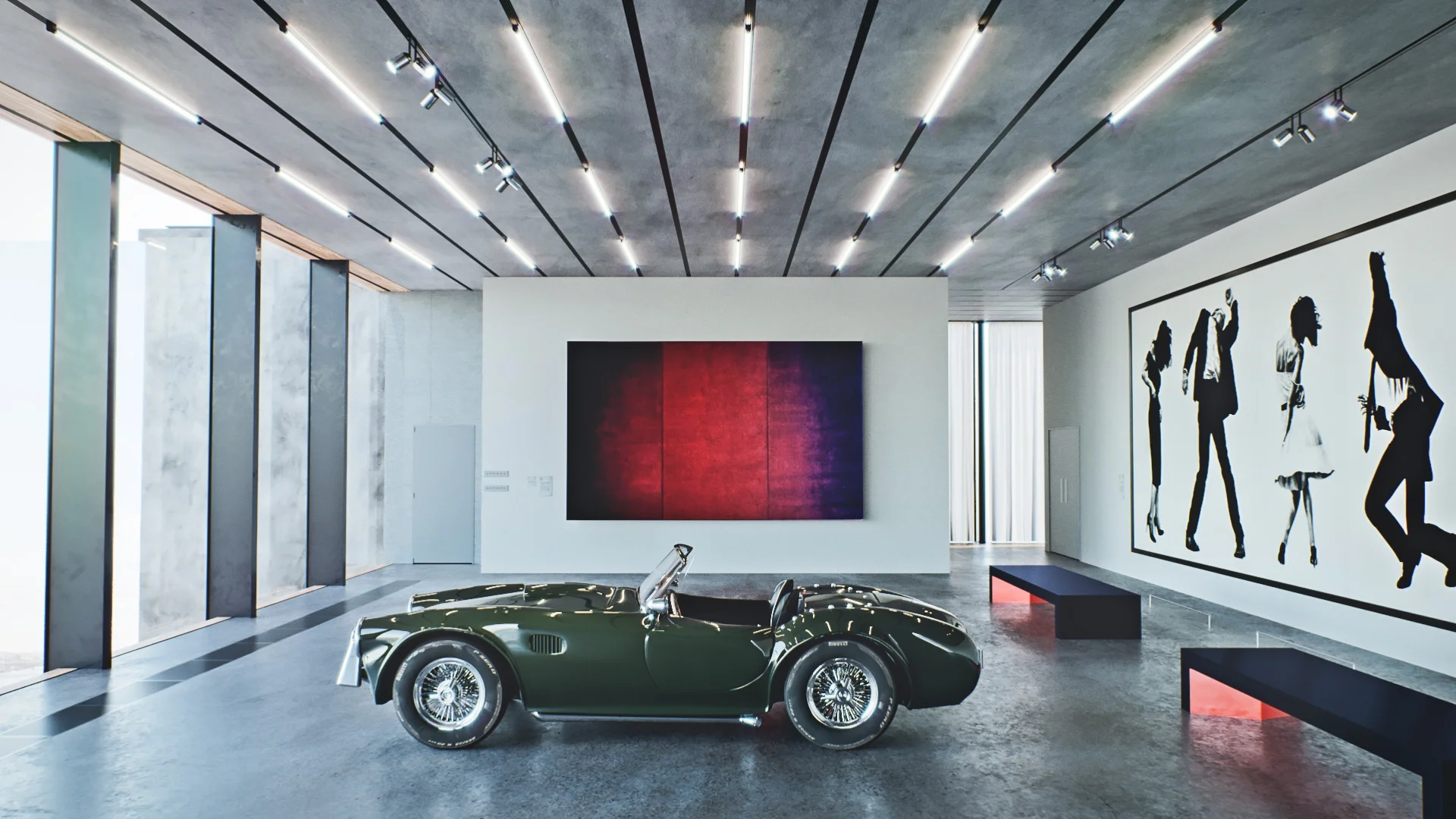 11.10 Corona Render. More architectural lighting practice. AC Cobra 269 model provided by Bruckner Alexander. I modeled the rest based on the Perez Art Museum by Herzog & de Meuron. Artwork by Mark Rothko, Carroll Shelby, and Robert Longo.