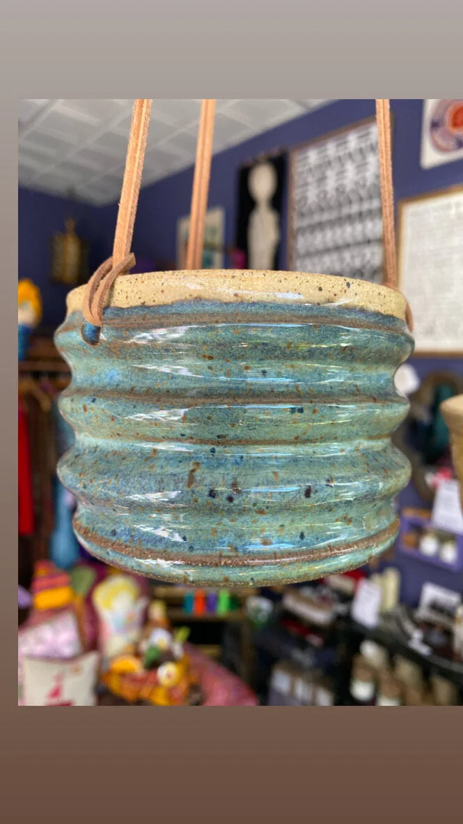 Ceramic hanging pot Speckled clay with Aqua glaze