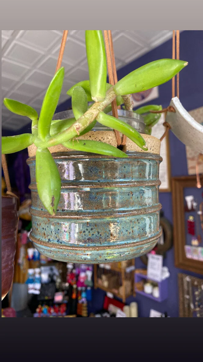 Ceramic Hanging Pot with Aqua Glaze on Speckled Clay