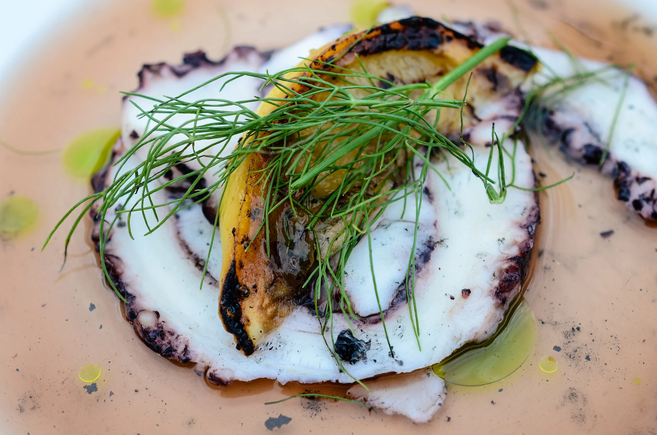 OCTOPUS CARPACCIO WITH OUZO BROTH, GREEN OLIVE OIL, GRILLED LEMON, AND DILL