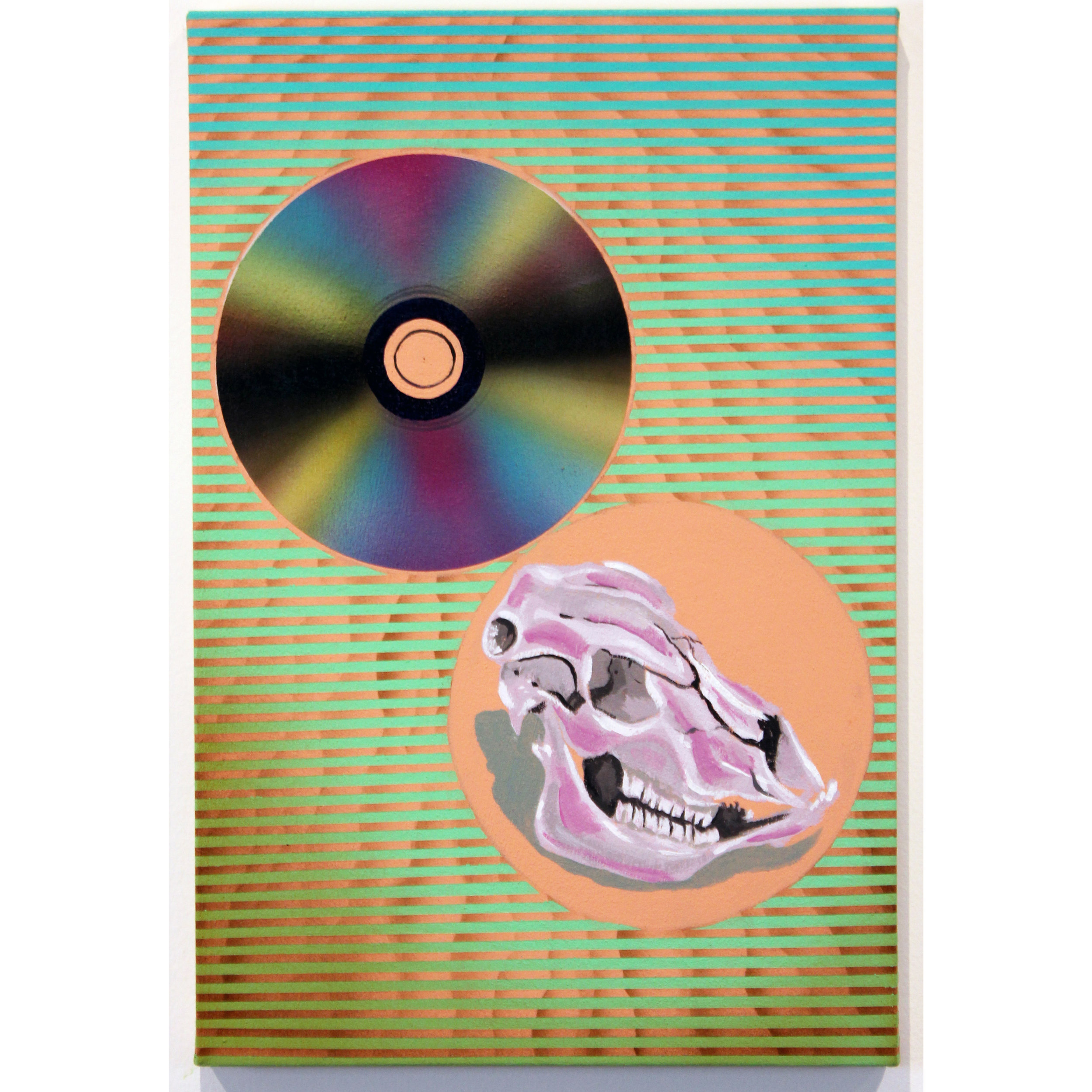   CD and Skull,  2019, acrylic on canvas, 15 x 10 inches. 