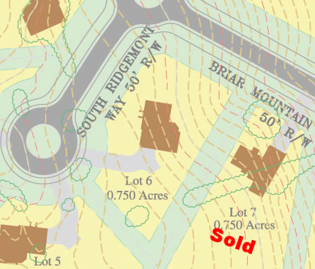 Lot #6 will be the showcase for the community because of its elevation and location in North Hills. Lot 7 is a thin but deep lot off Briar Mountain Drive and will have a beautiful view of the 1 acre pond down the hill.