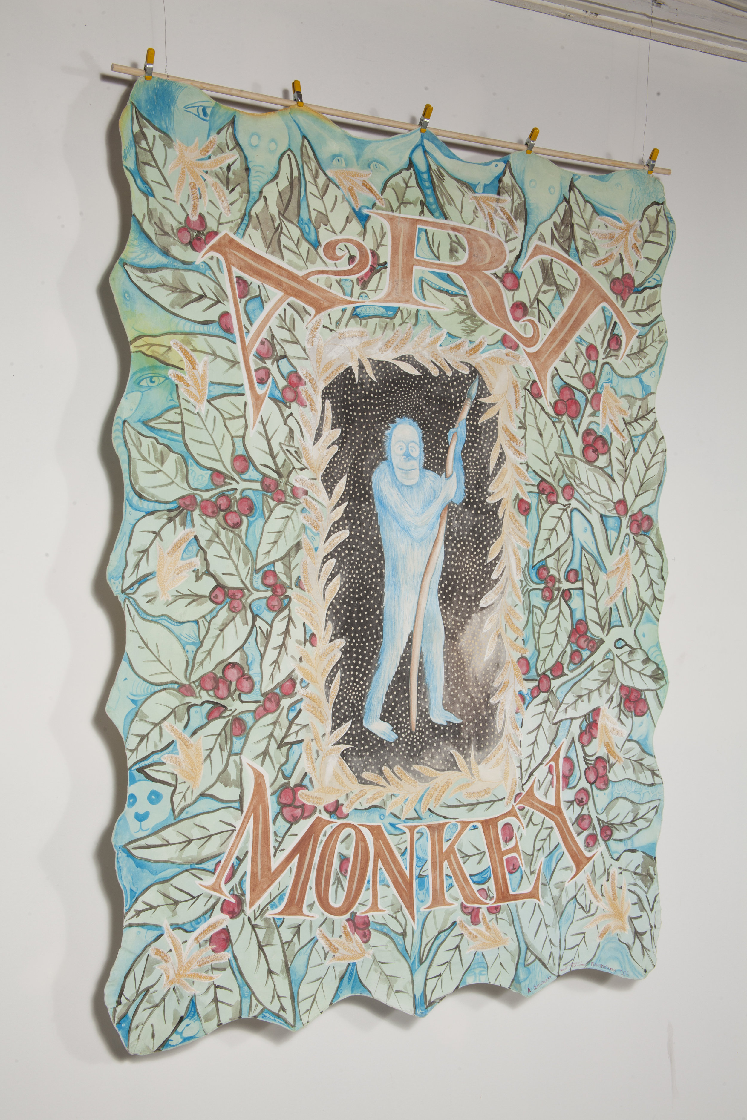  Amy Johnquest | Art Monkey | 2016 | Casien &amp; acrylic on vintage tablecloth 