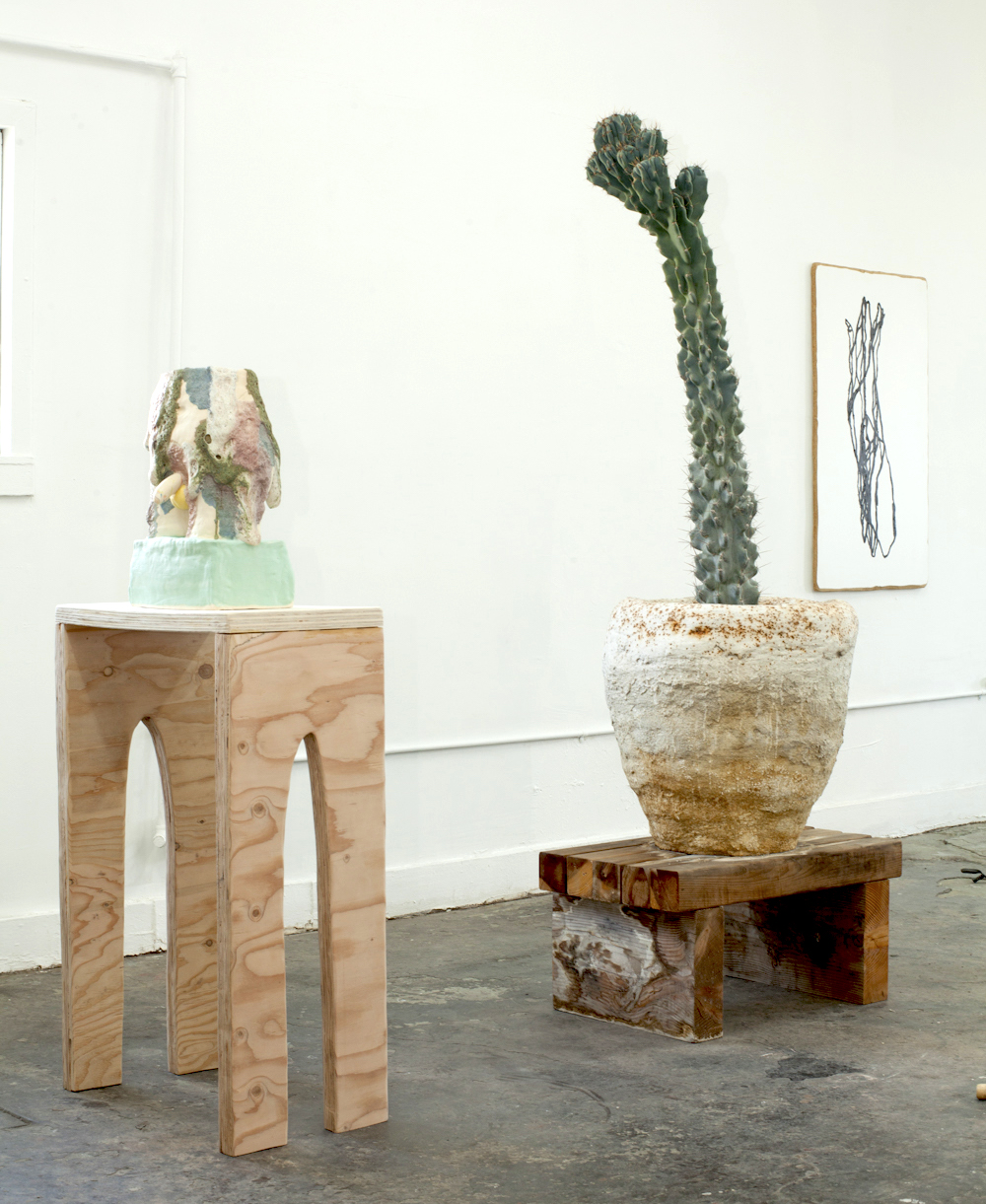 (Left to Right) Alice Lang, Better Half 2, 2017,  Lava glaze on ceramic w/ plywood base   |   John Zappas, Big John Pot, 2017, Hydracal and redwood base 