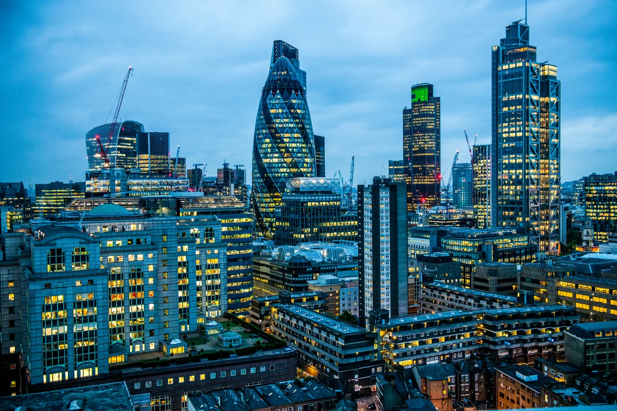 View of City of London offices at dusk
