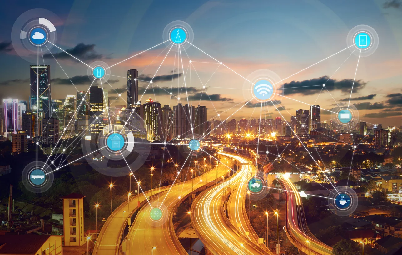 view of a connected cityscape at night