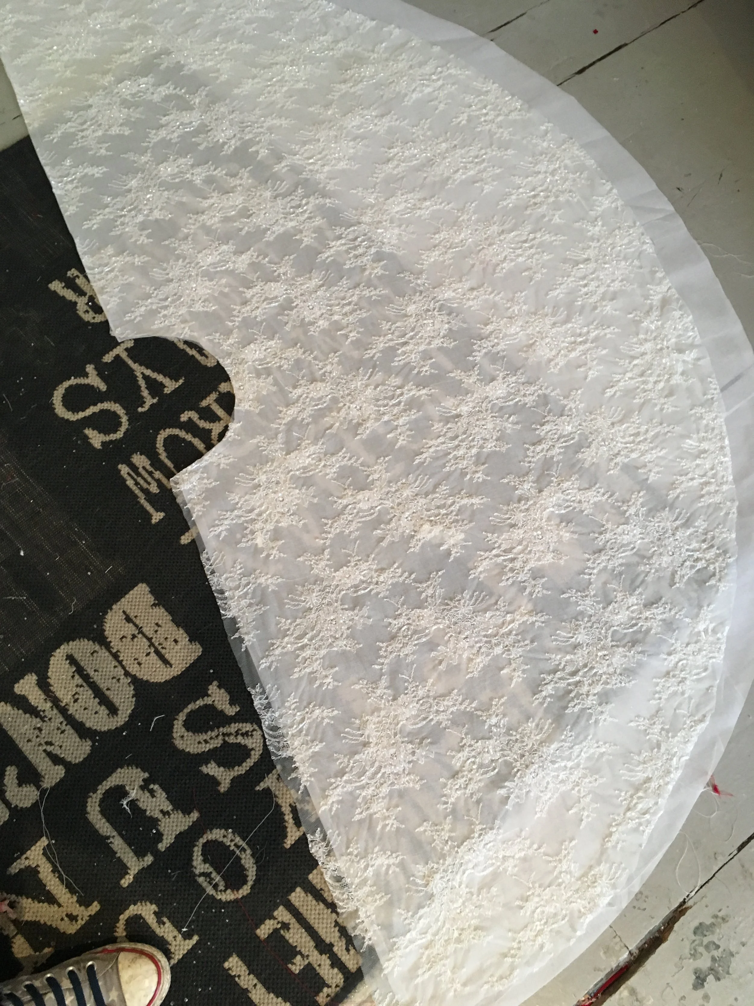 We used an opaque stiff fabric to stiffen the lace so it had some body to it.