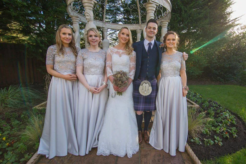 Katie and her maids all went for their own versions. We turned two into a dress and all three wore grey shimmer lace tops we made to match. We have a variety of lace colours to choose from to match your skirt shade.