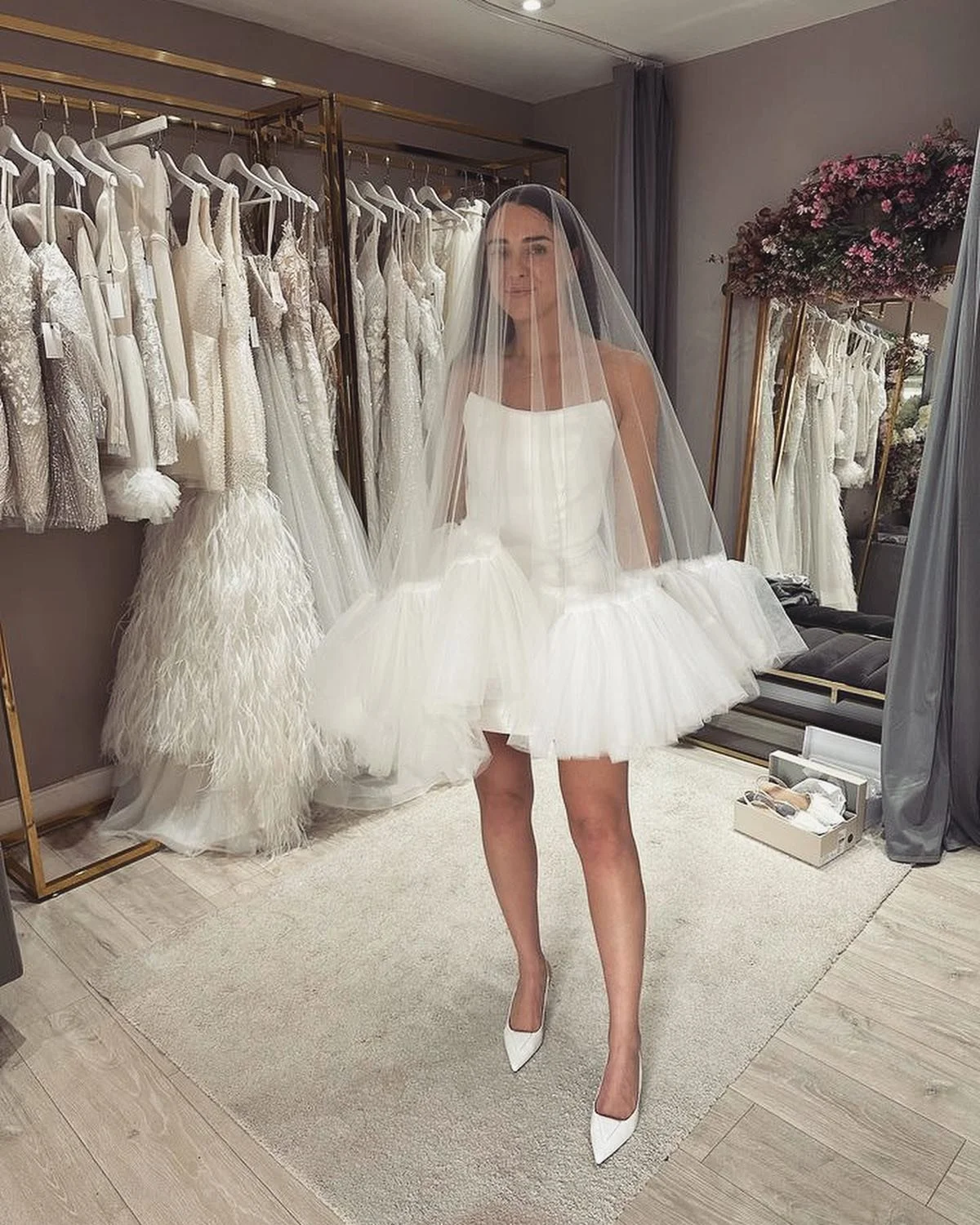 Gorgeous Rachel in her Bridal mini. Cool Bride alert! #bridalmini #bespokeweddingdress #dressdesigner #frillveil