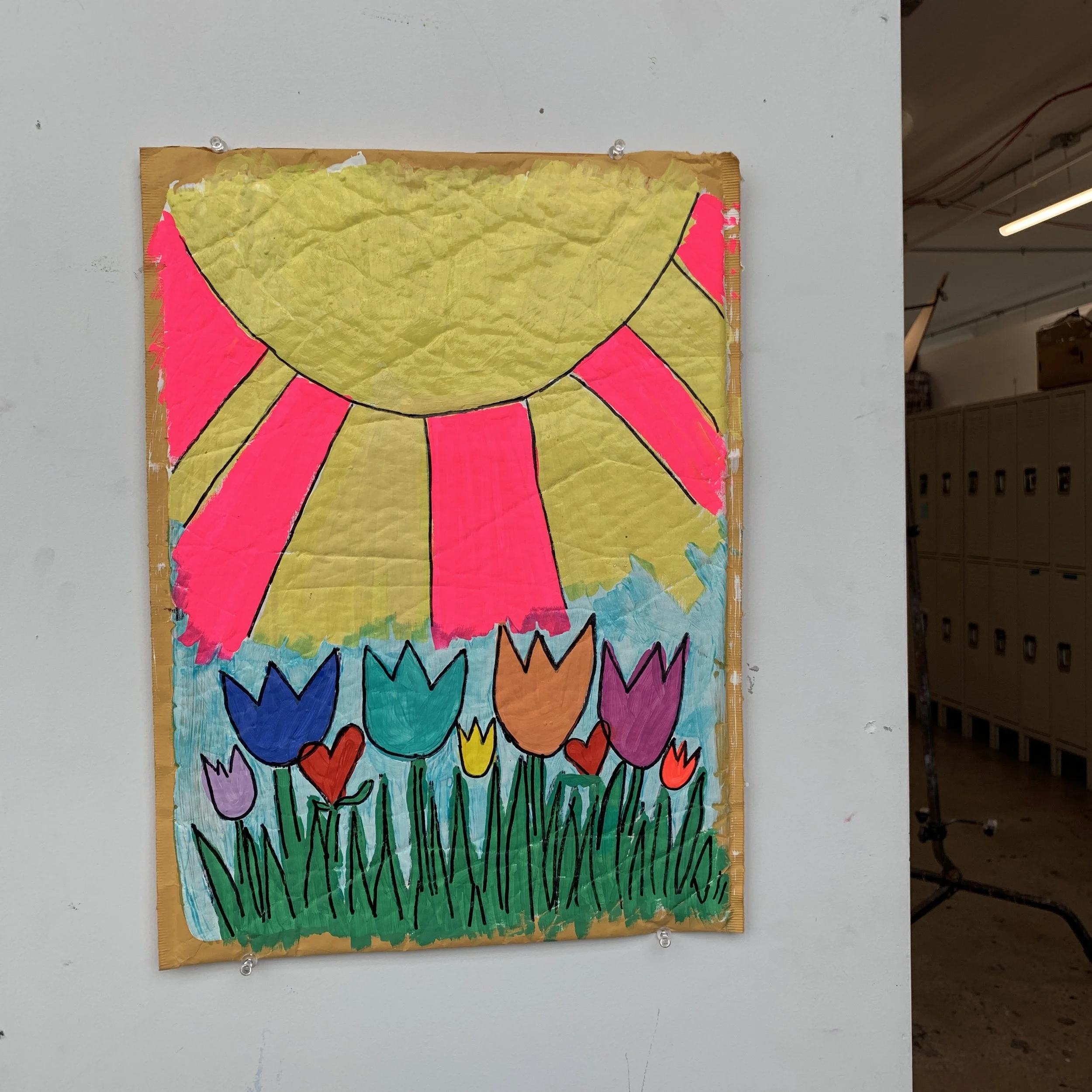 "Pink and Yellow Sun with Tulips"