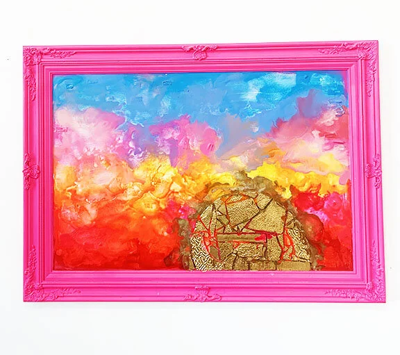"God Light" (2019) Vintage Frame, Encaustic Crayola, 30x42 in