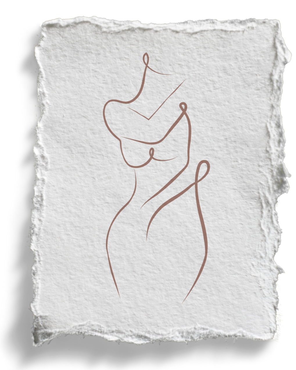 Minimalist line drawing of a nude female figure on textured white paper background.