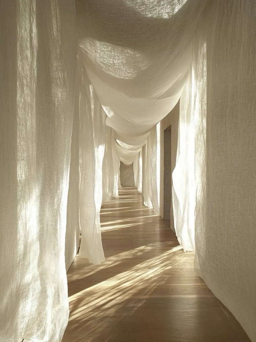A hallway with flowing, sheer beige or white curtains on both sides and a sheer fabric ceiling, creating a soft and ethereal atmosphere with sunlight casting shadows on the wooden floor.