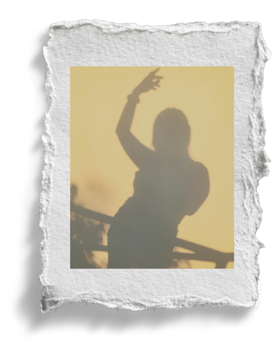 Shadow of a person with one arm raised, cast on a beige wall, with a torn paper border around the image.