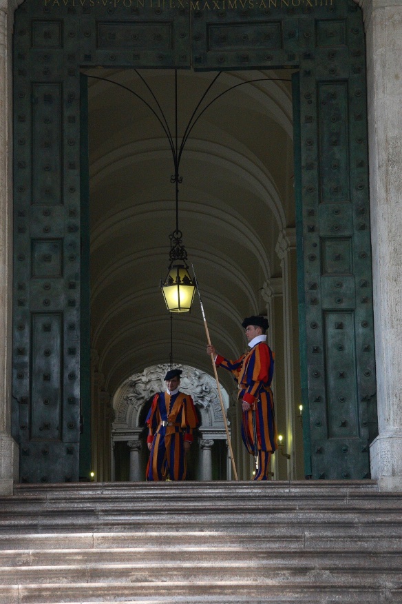 Swiss guards protecting the pope. The Vatican.