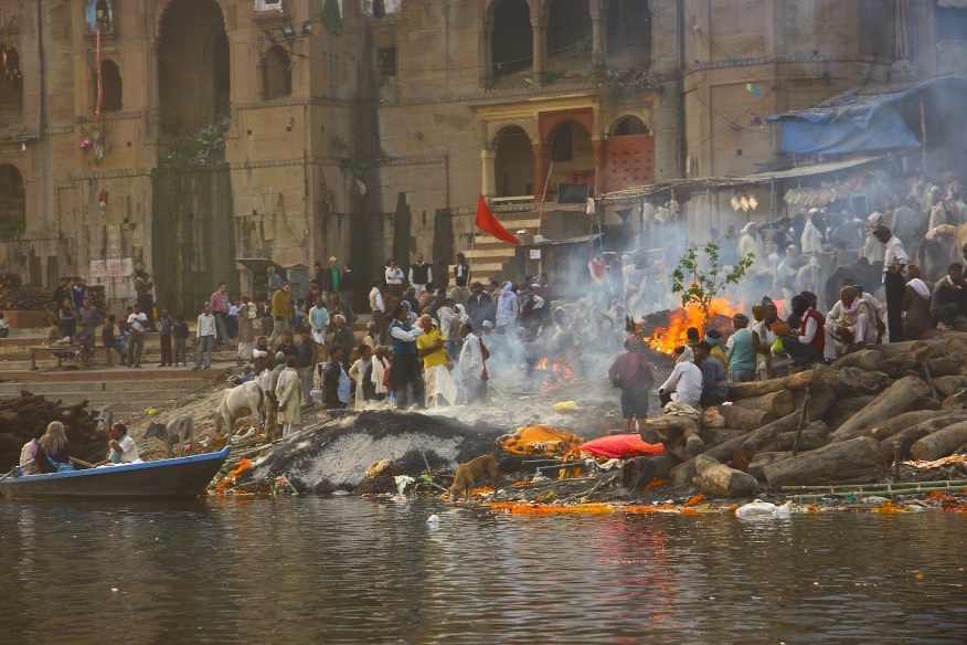 Funeral pyres by the Ganges river. Varanasi, India.