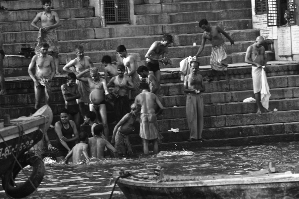 The daily bath in the holy river Ganges. Varanasi, India.