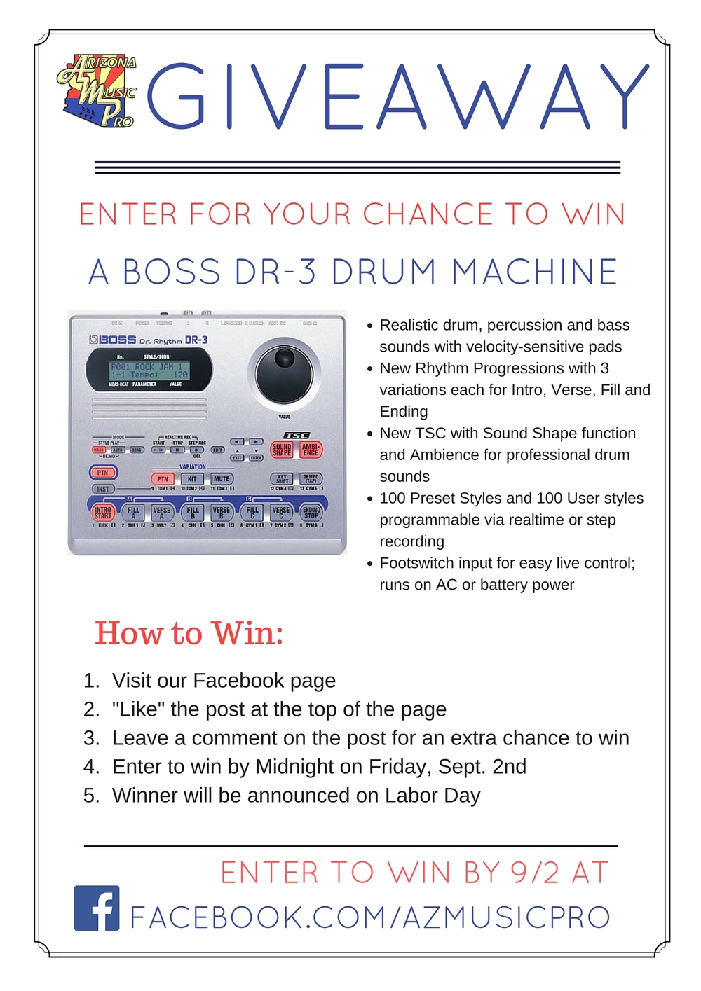 We Are Giving Away a BOSS DR-3 Drum Machine! — Arizona Music Pro