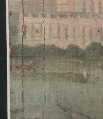 BEFORE TREATMENT; paint losses associated with former fold-over/tacking edge; natural lighting