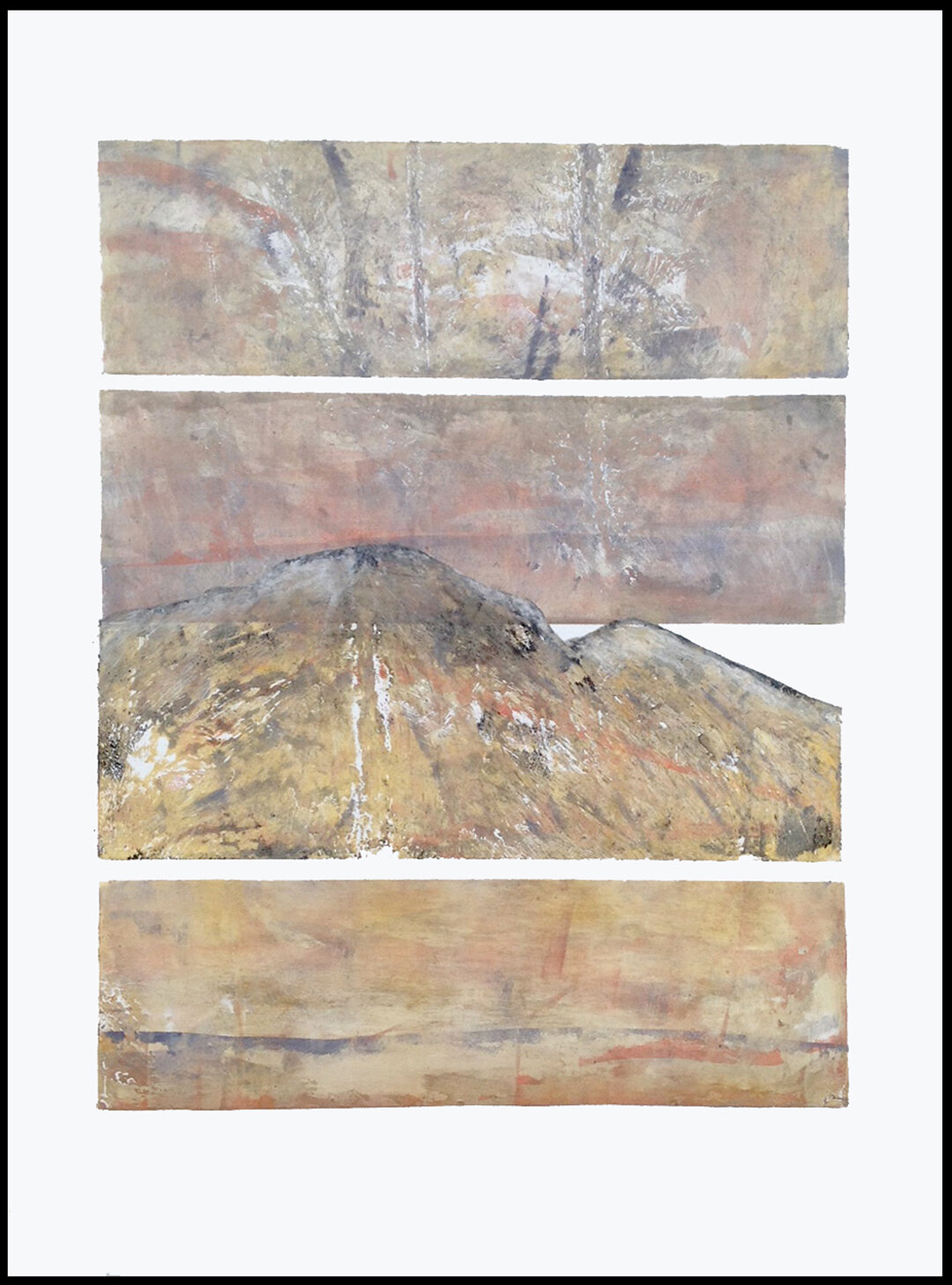  With a nod to our beautiful mountains,   Stands Alone   is a unique monotype. The substrates are hand textured templates inked and overlaid with color several times to create this print. It measures 22 x 30 inches.   $425    
