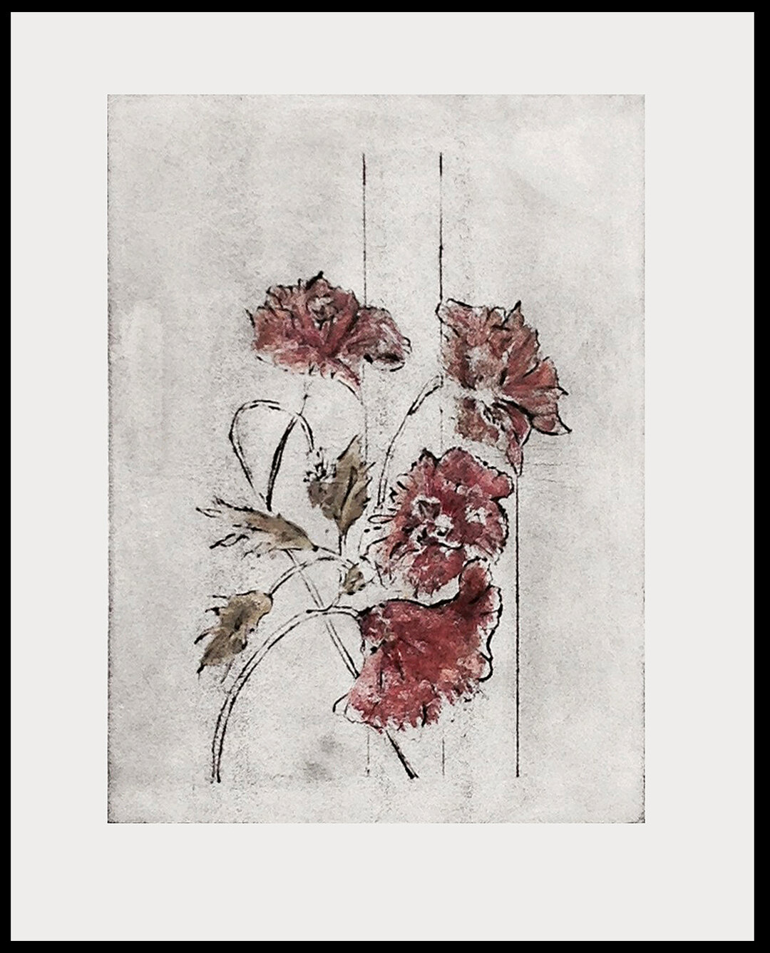    Vintage   has the look of the past, it is a mixed media monoprint which is matted and measures 11.75 x 15.75 inches.   $95     