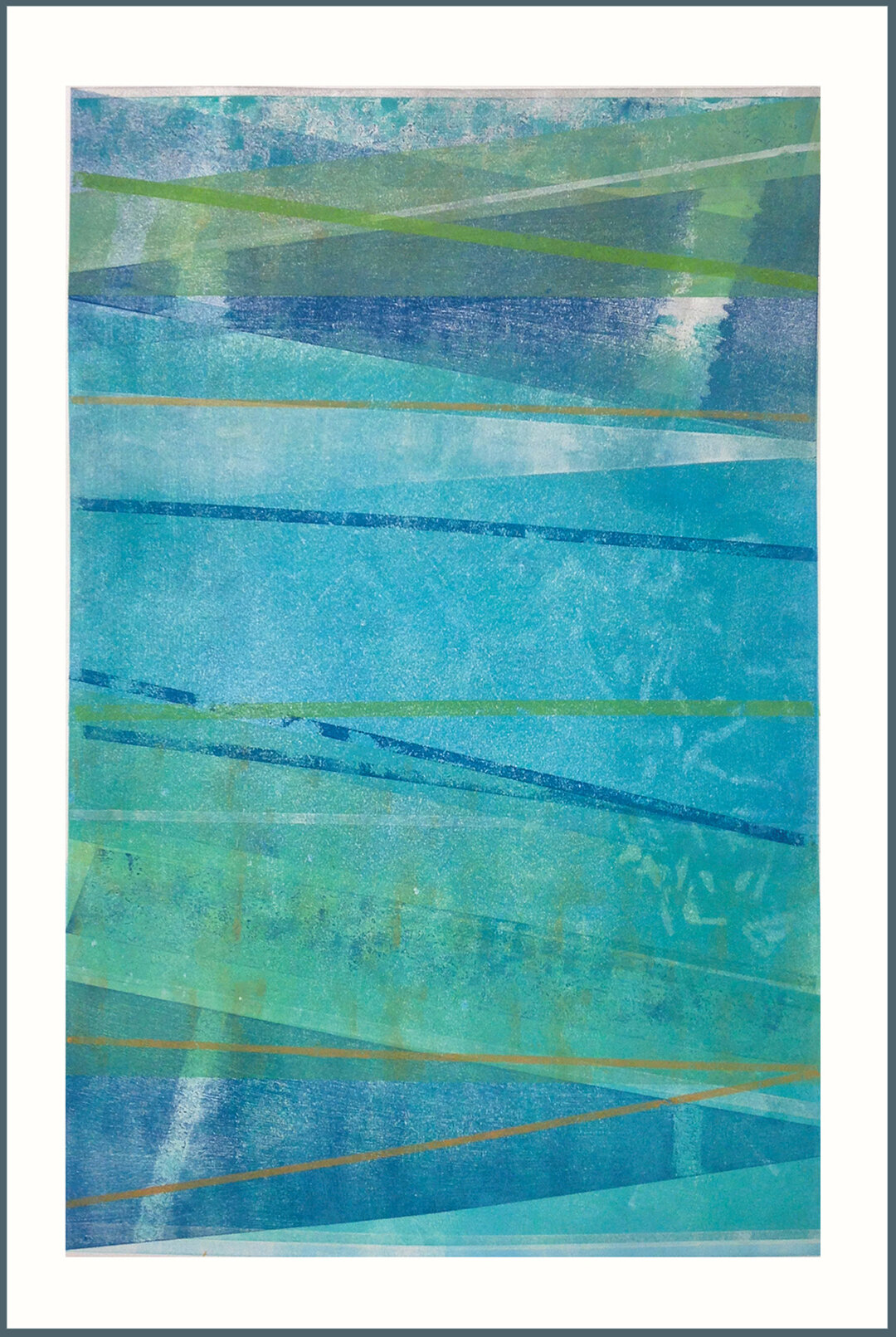    Swim Meet   is 22 x 30 inches unframed. It is a monotype created with individual templates that were layered and overlayered with ink. This print ran through the press numerous times to achieve this effect.   $160    