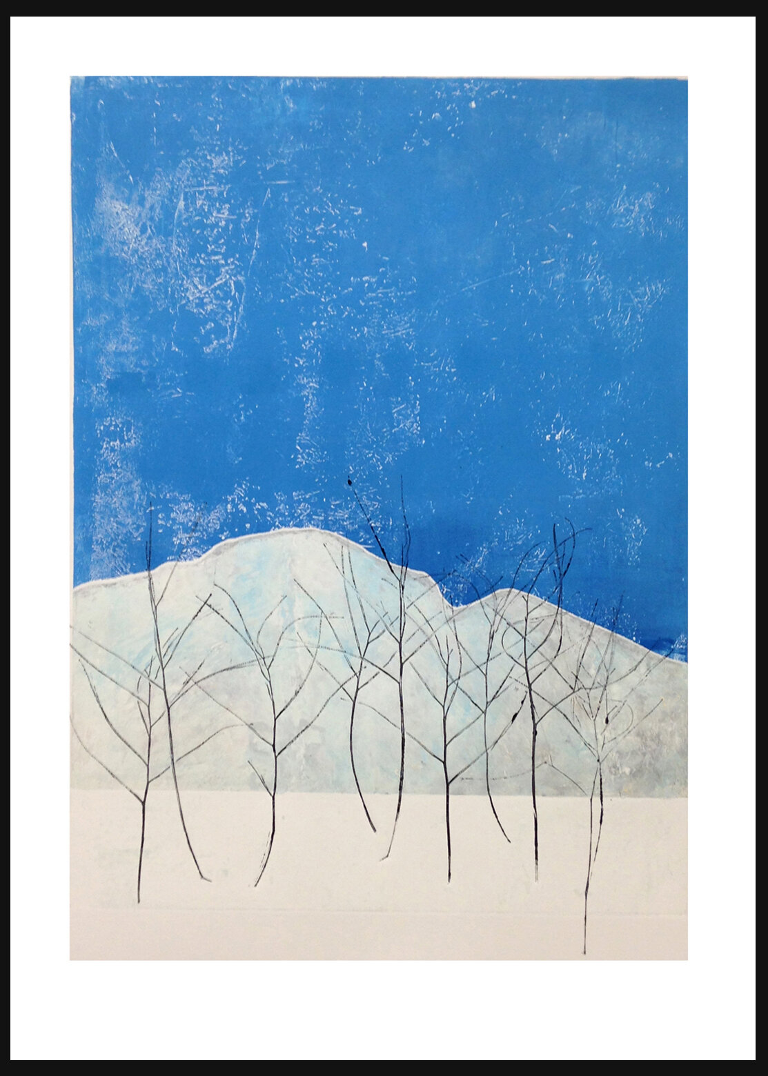  Inspired by winter days on the mountain,     Woodland in Snow   captures the crisp serene mood of the moment. It is a monoprint measuring 22 x 30 inches. It is a unique print, 1/1.   $160  