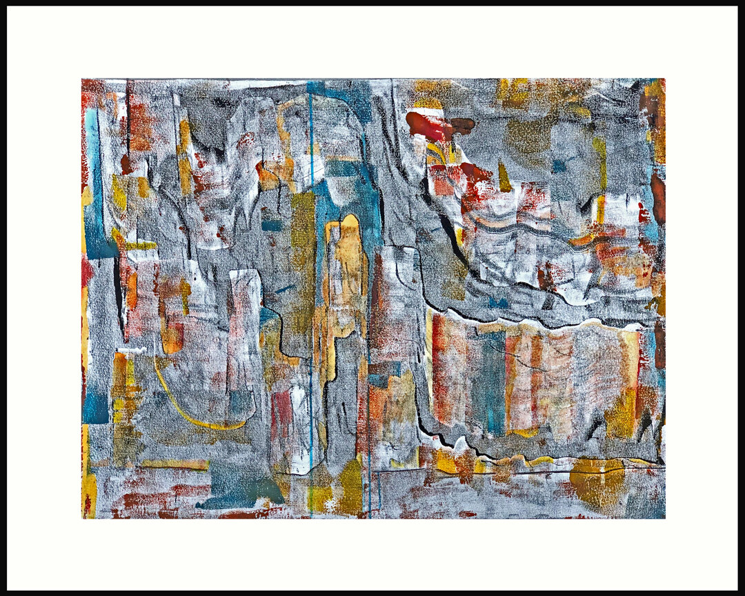   “Stories Told in Bandelier”  was inspired by a visit to Bandelier National Monument in New Mexico. The monument preserves the homes and territory of the Ancestral Puebloans in the Southwest.  20 x 16 inches, Mixed Media Monotype, Floated/Framed, 1/