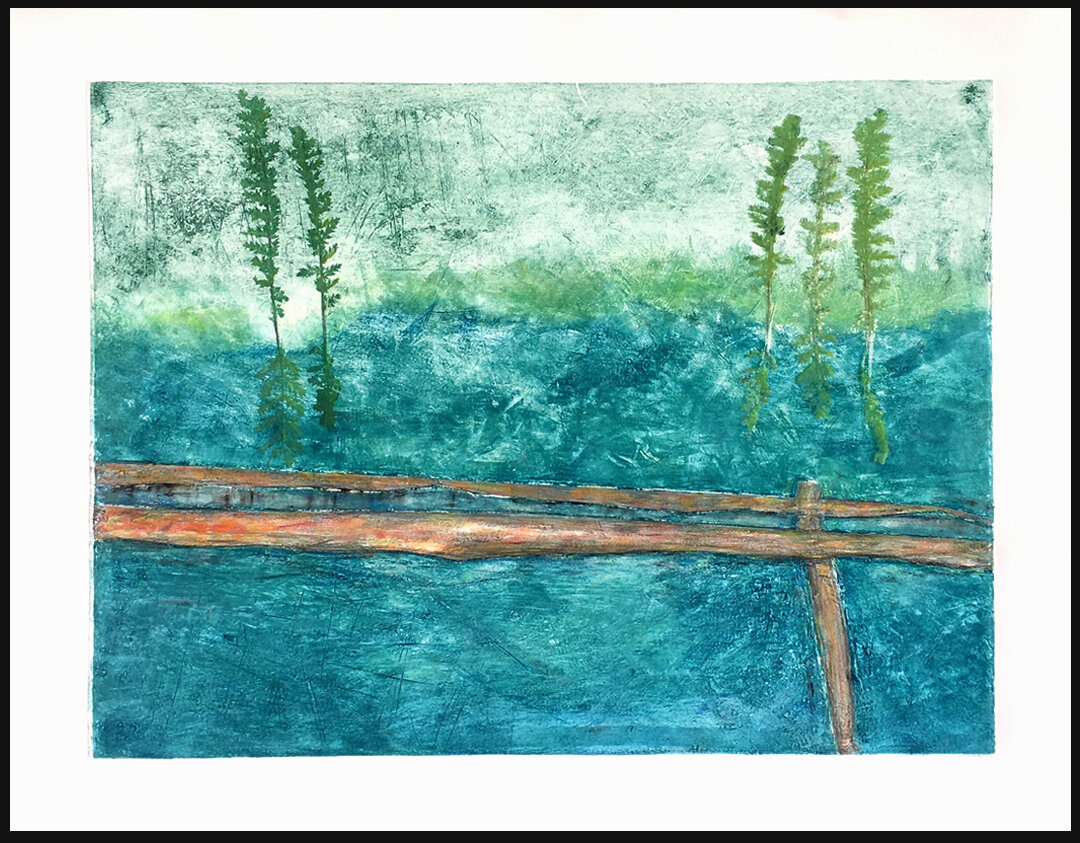    Oh, So Lucky   You know when you hike up to the lake and you find you have it all to yourself. Magic! Monoprint/Collagraph, 1/1   $160   