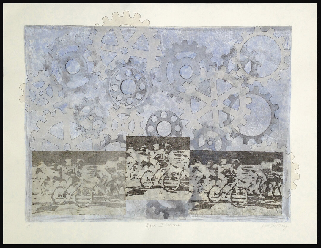    Race Dreams   interprets the hopes of the racer as the night-time gears turn and dreams roll into the next days reality. It is a mixed media monotype measuring 22 x 30 inches. It is a unique print, 1/1.    $120    Adell Shetterly's print ... "clev