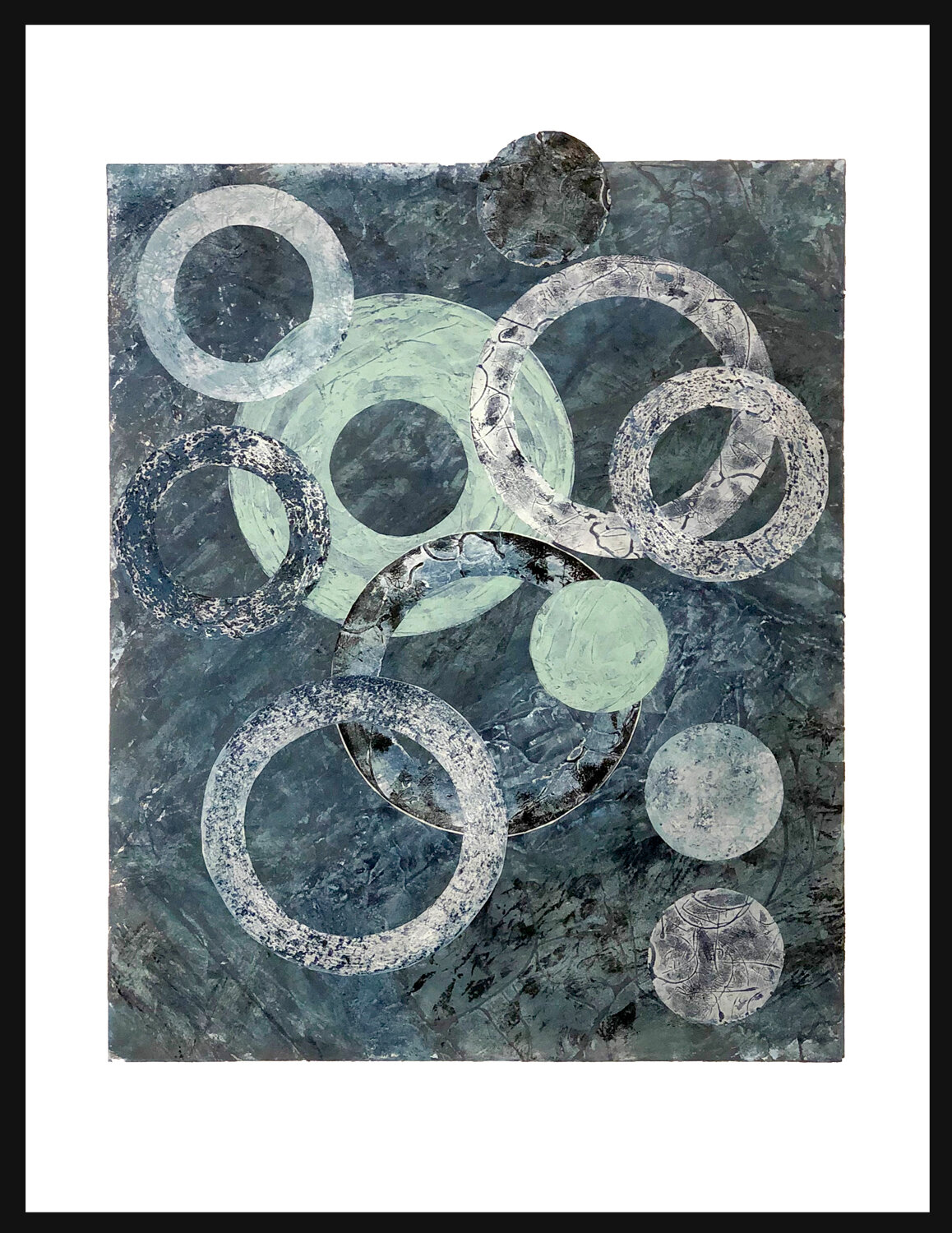  The word   Talisman   is traced to the ancient verb “talien” which means ‘initiate into the mysteries,’ typically an inscribed ring or stone meant to bring good luck. Wishing you all good luck. 28.75 x 23.75 Collagraph and collage,  1/1   $835   Shi